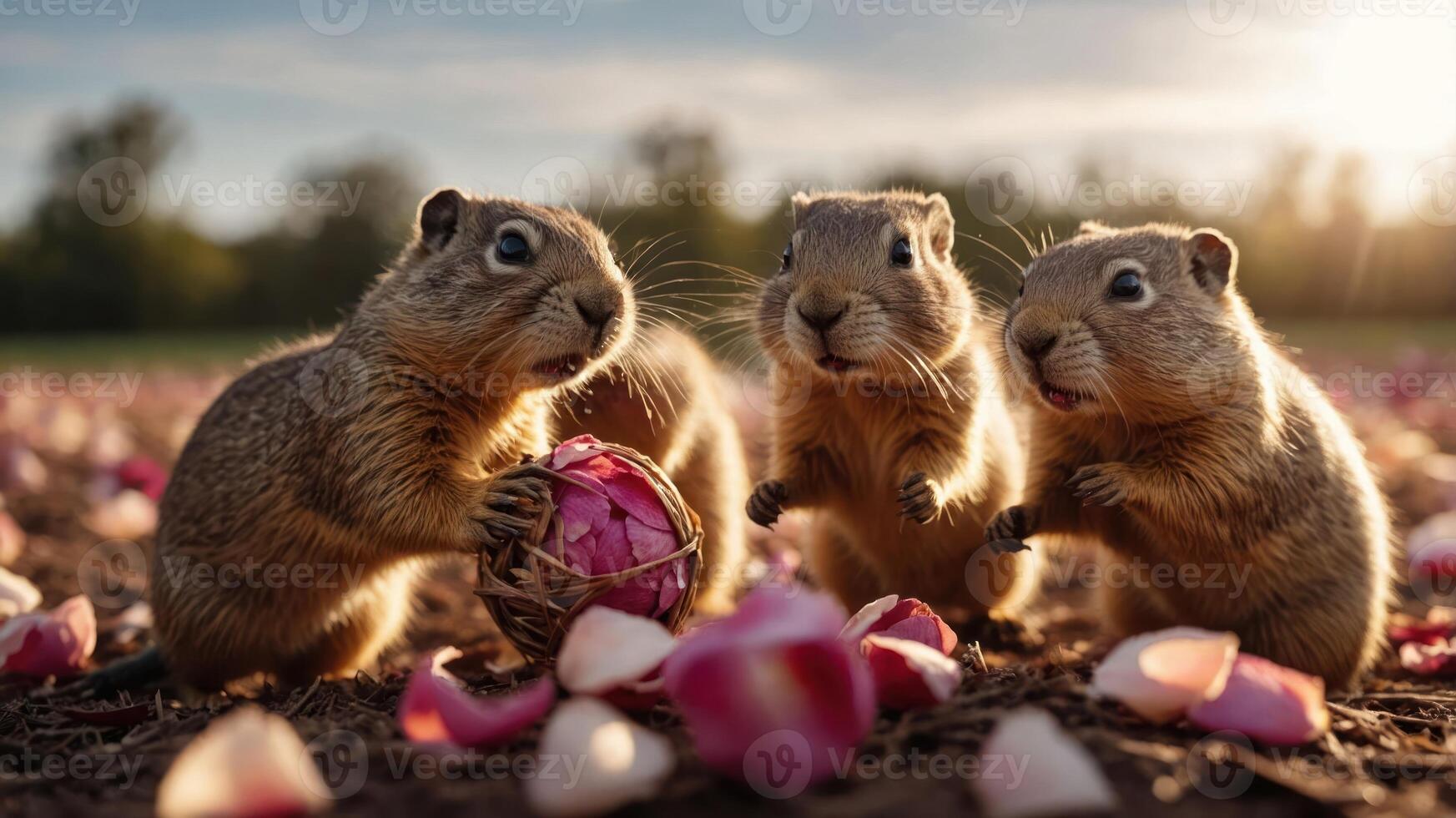 Three playful animals gather around a flower-themed object in a serene outdoor setting. photo