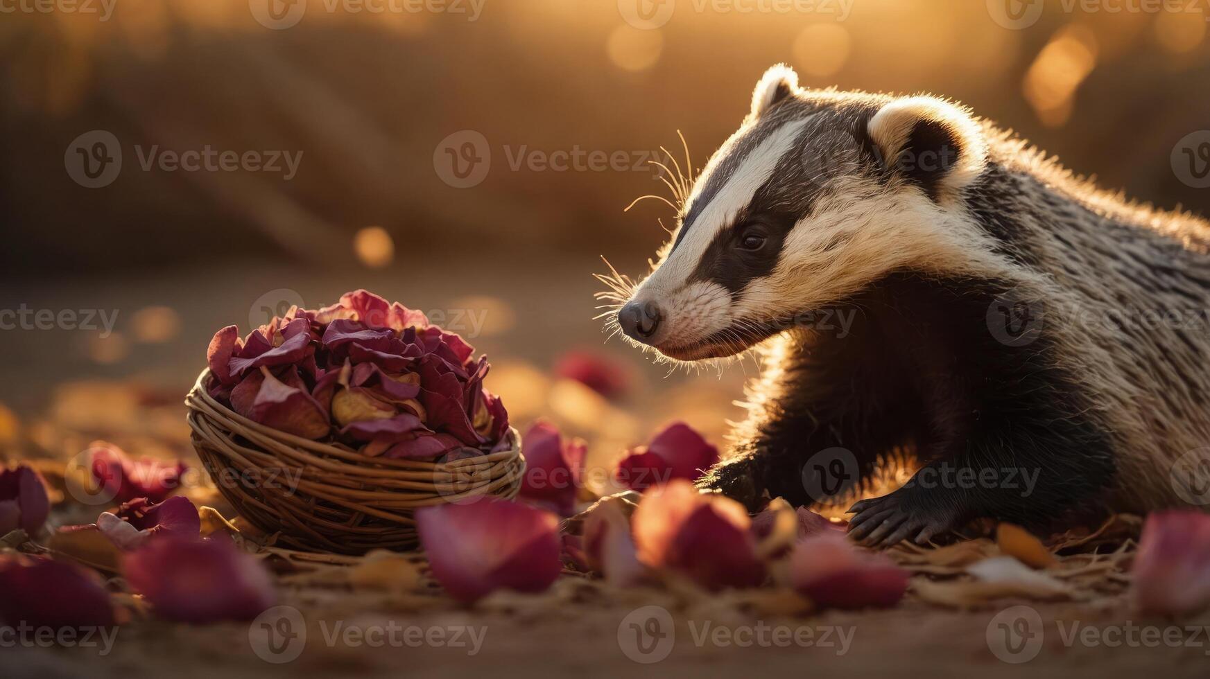 A badger beside a basket of rose petals, illuminated by warm sunlight in a natural setting. photo