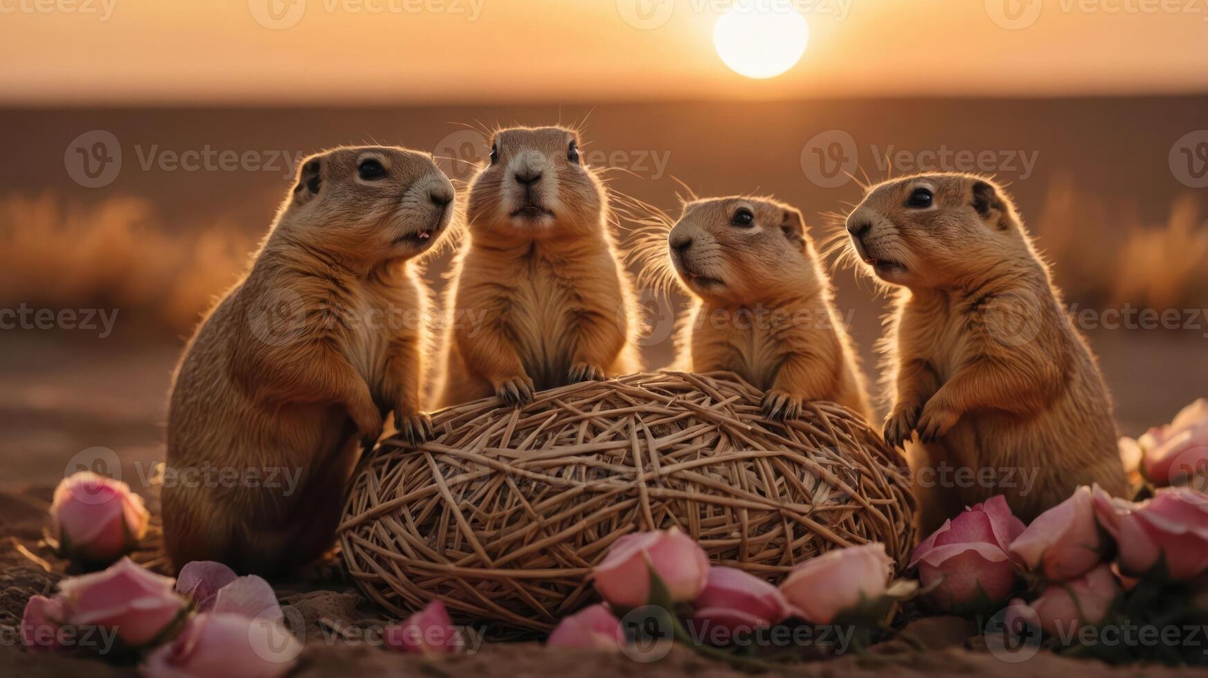 Four prairie dogs gathered around a nest, surrounded by roses at sunset. photo
