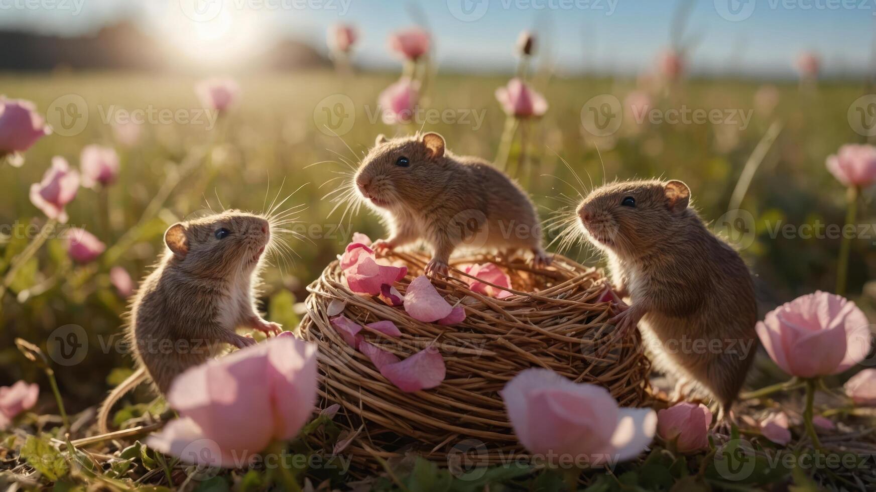 Three small rodents interacting around a nest in a field of flowers during sunset. photo