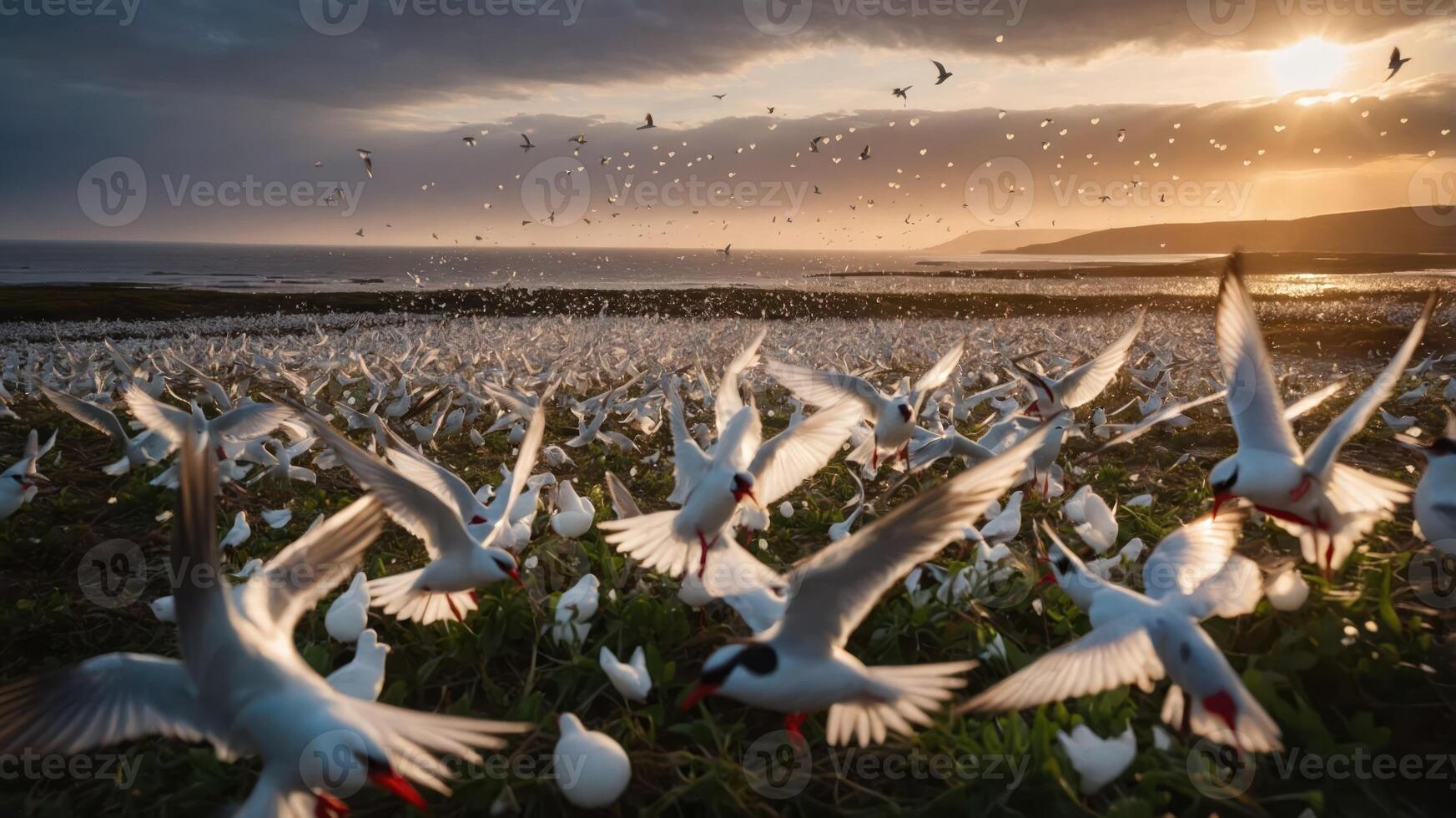 A flock of seabirds in flight at sunset near the coast, creating a dynamic natural scene. photo