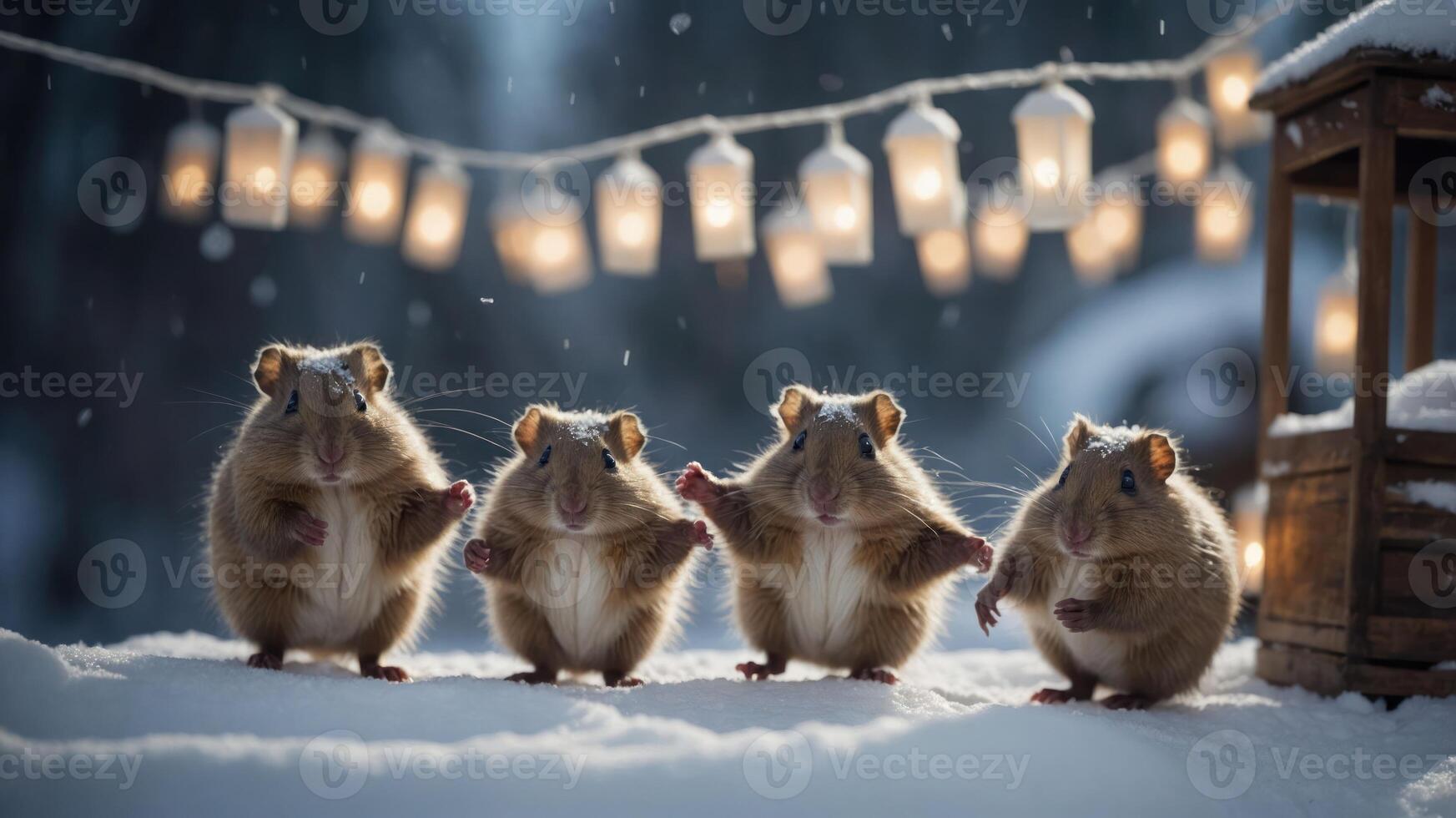 Four hamsters standing in the snow with lanterns in the background, creating a whimsical scene. photo