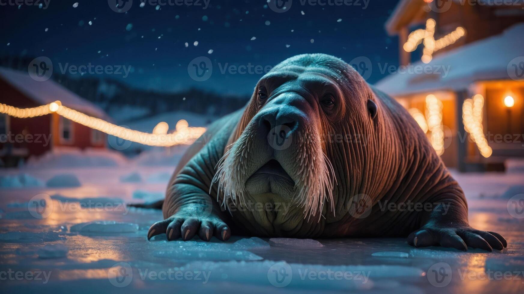A walrus resting on ice in a snowy, festive environment with warm lights in the background. photo