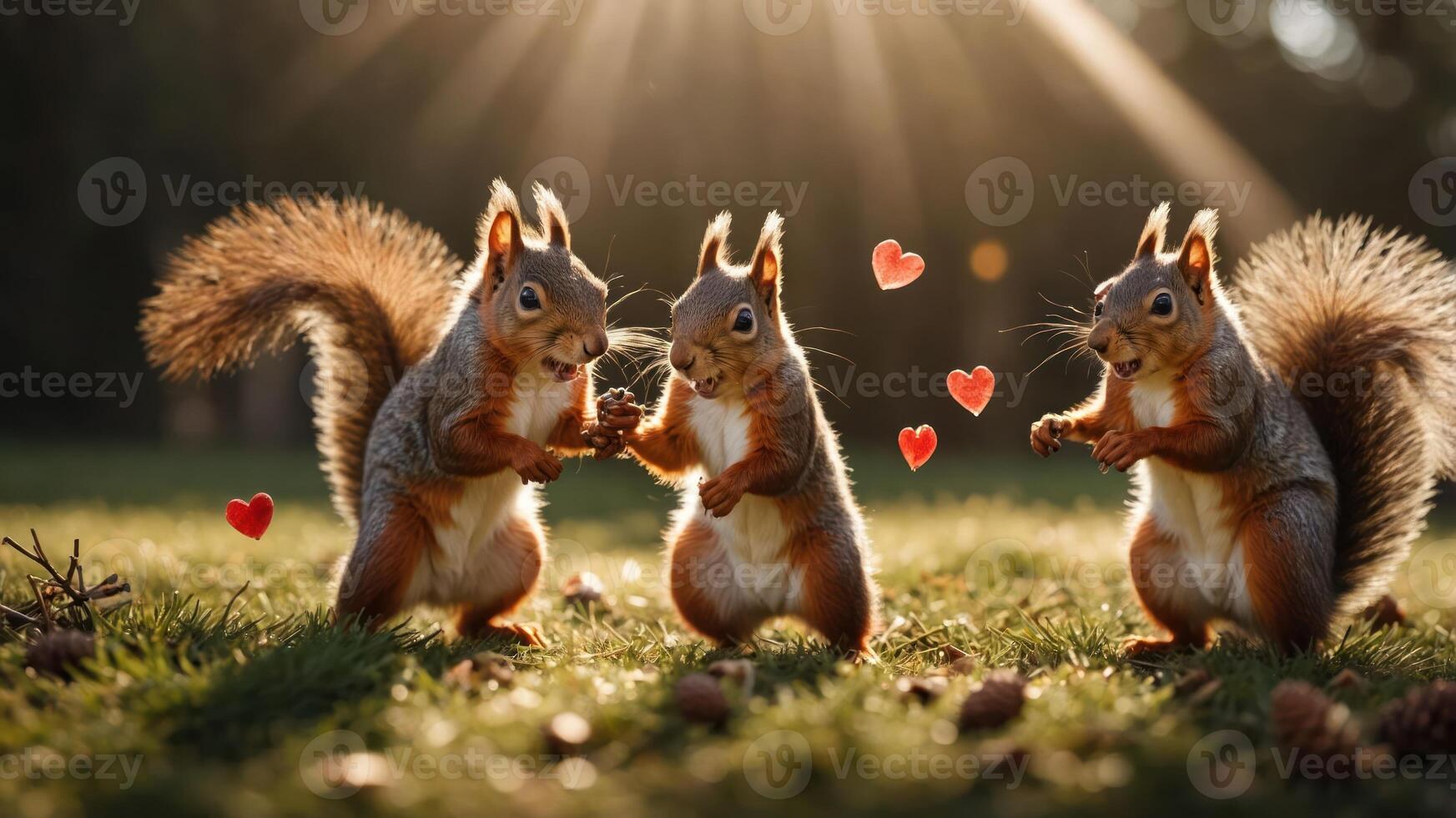 Three playful squirrels surrounded by hearts in a sunlit forest setting. photo