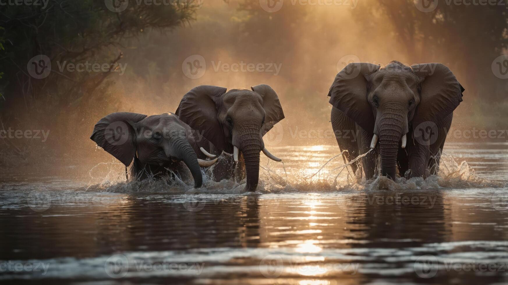 Three elephants wade through a misty river at sunset, creating a serene wildlife scene. photo