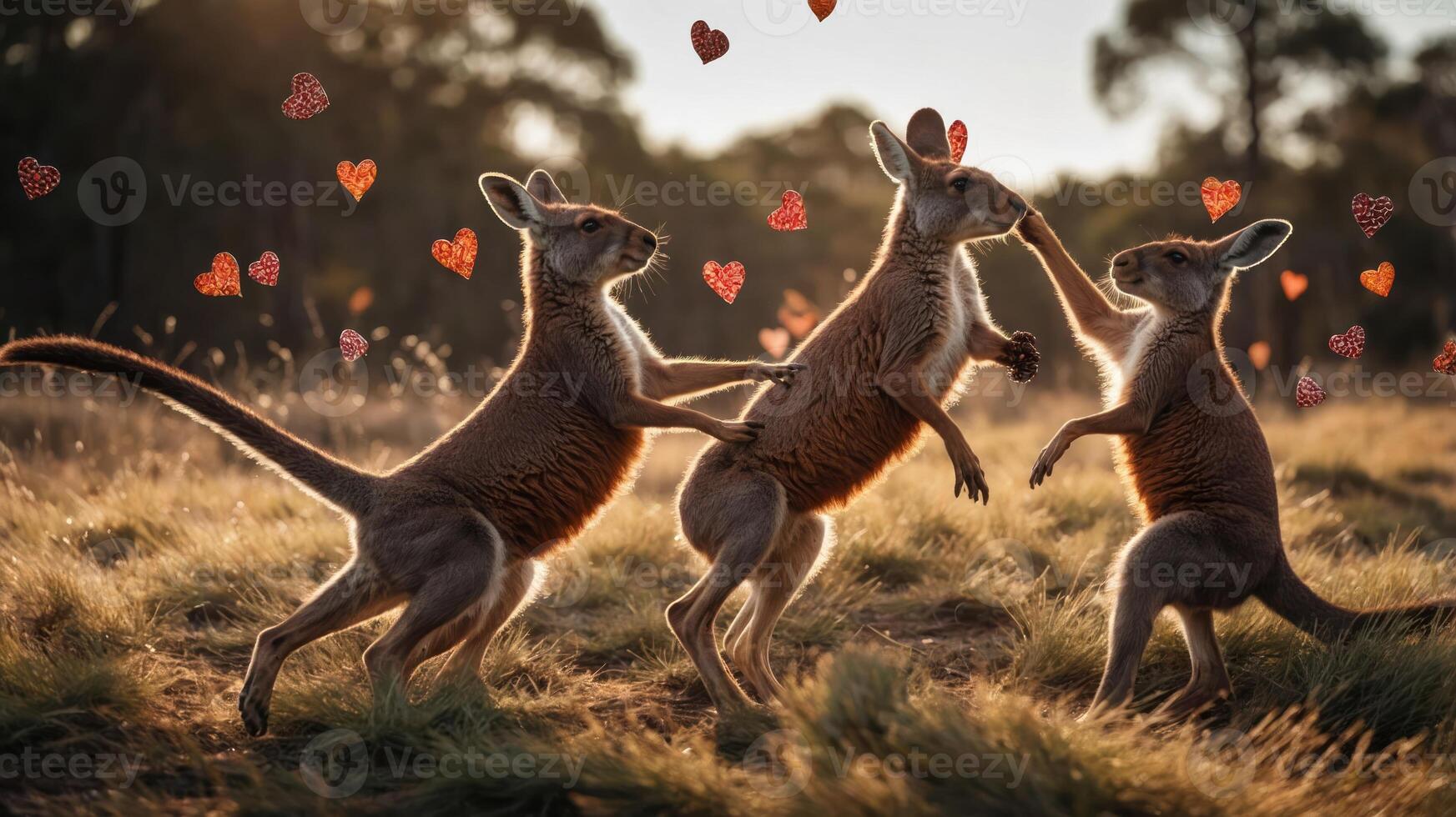 Three kangaroos playfully interacting in a sunlit field, surrounded by floating hearts. photo