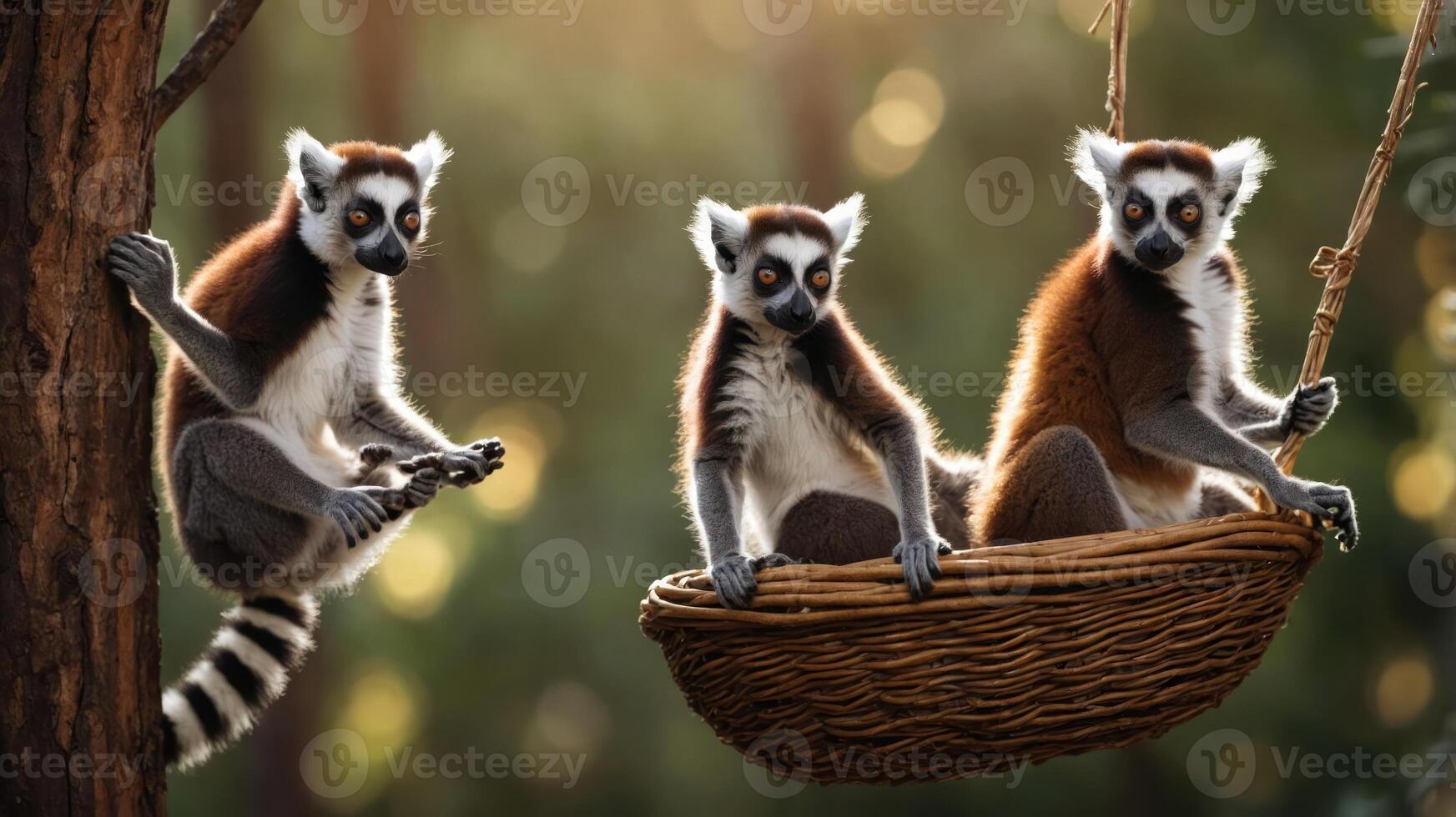 Three lemurs playfully interacting in a natural setting with a basket. photo