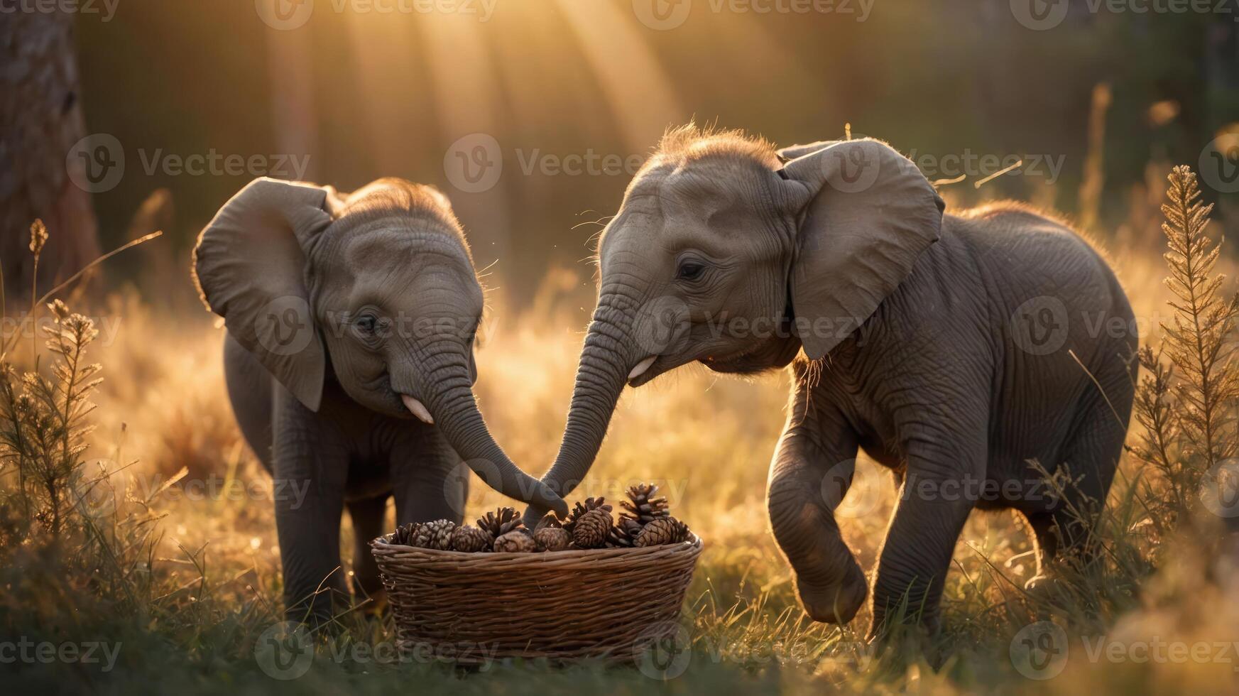 Two young elephants playfully interacting with a basket of pinecones in a sunlit setting. photo