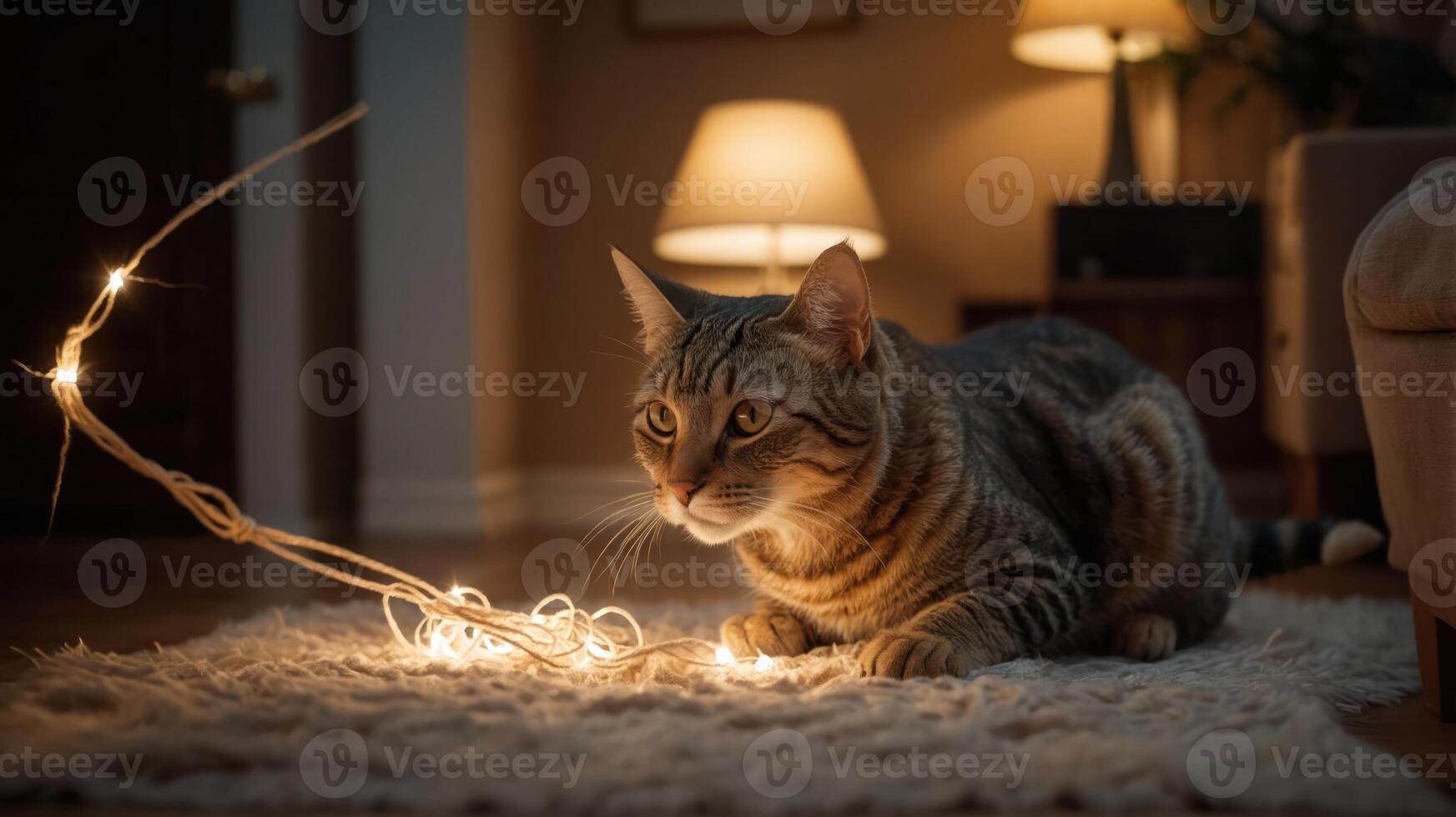 A cat curiously interacts with glowing string lights in a cozy, softly lit living space. photo
