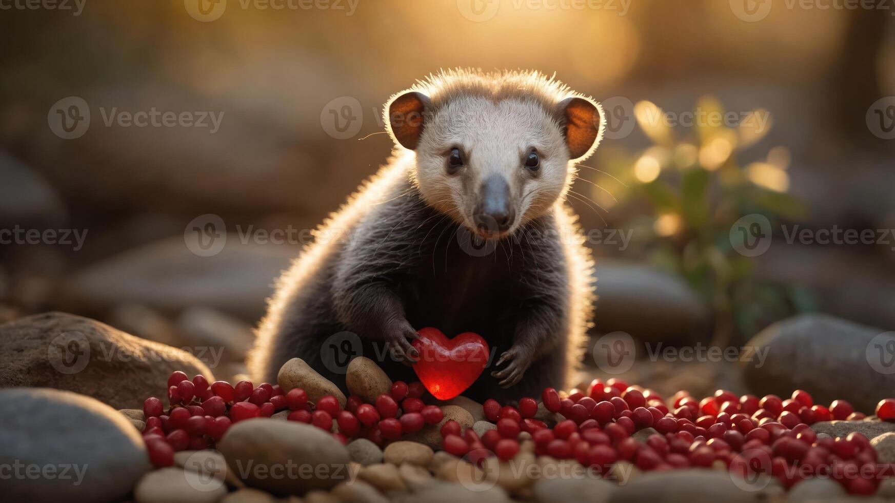A cute animal holding a red heart among scattered berries and stones in a warm setting. photo