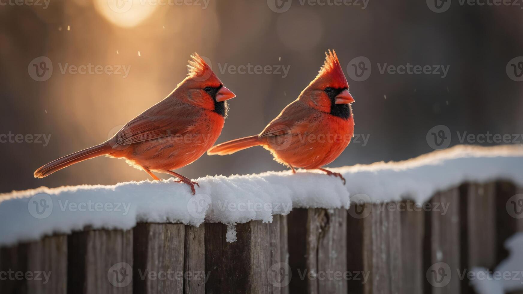 Two vibrant red cardinals perched on a snowy fence, illuminated by soft winter sunlight. photo