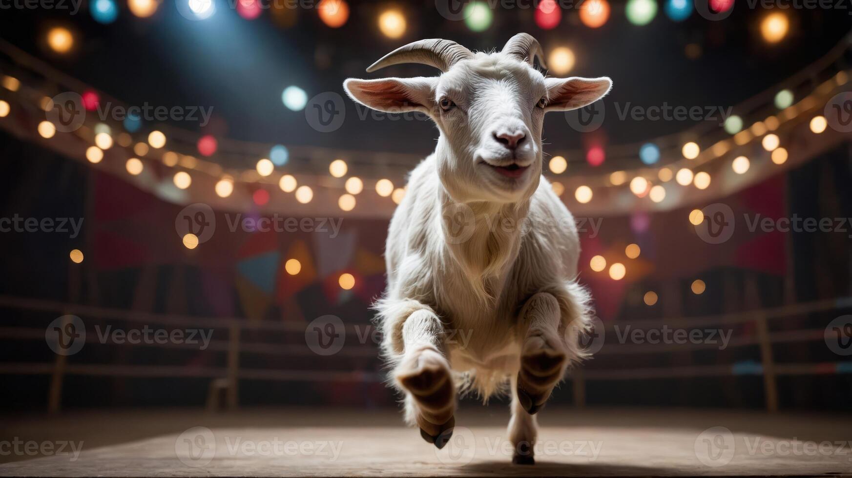 A joyful goat leaps in a vibrant circus-like setting with colorful lights. photo