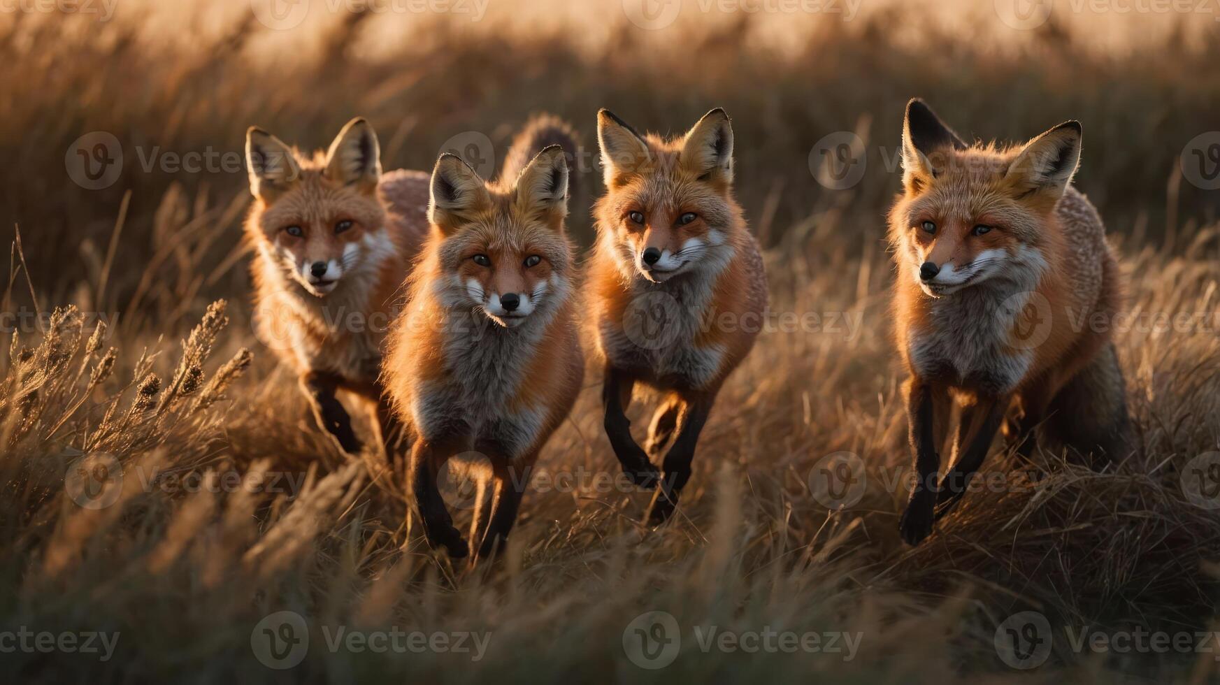 Four red foxes running through tall grass during sunset. photo