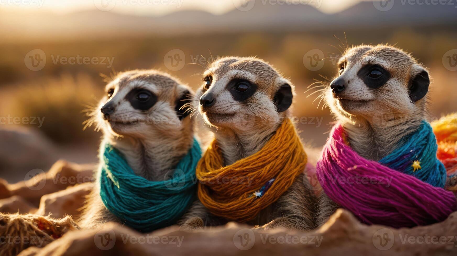 Three meerkats wearing colorful scarves, sitting together in a desert landscape. photo