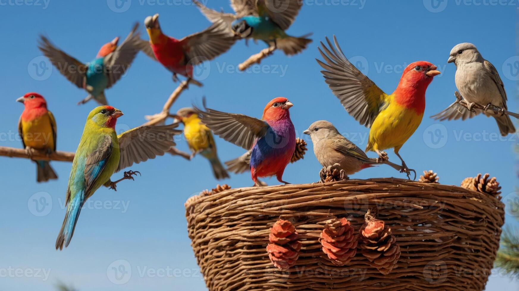 Colorful birds perched and flying around a woven basket with pinecones. photo