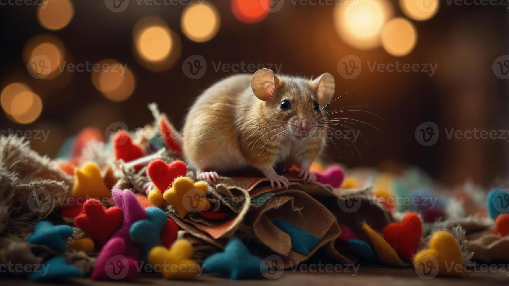 A cute mouse sits on colorful felt hearts, creating a whimsical and playful atmosphere. photo