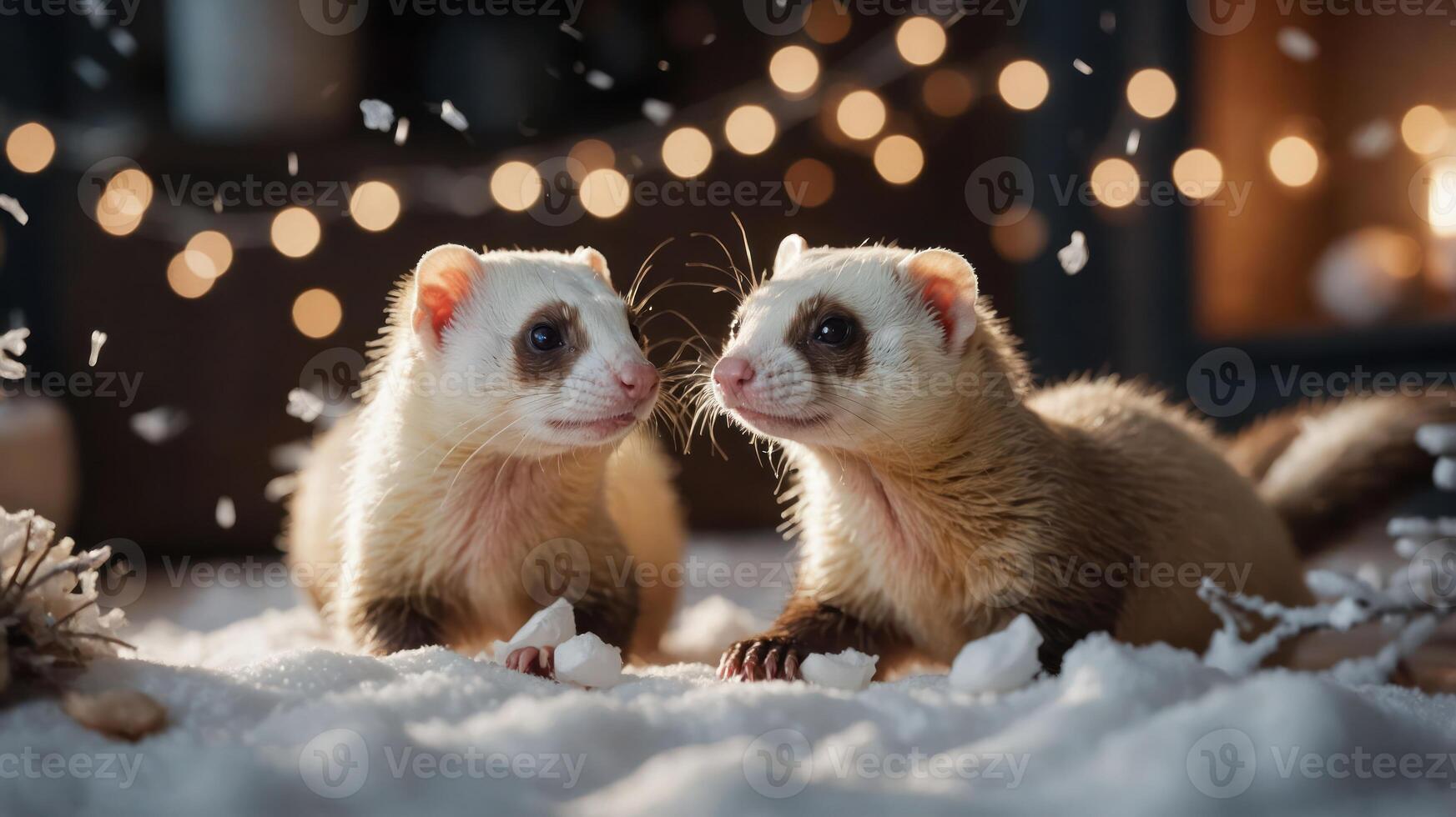 Two ferrets play in a snowy setting with soft lights in the background. photo