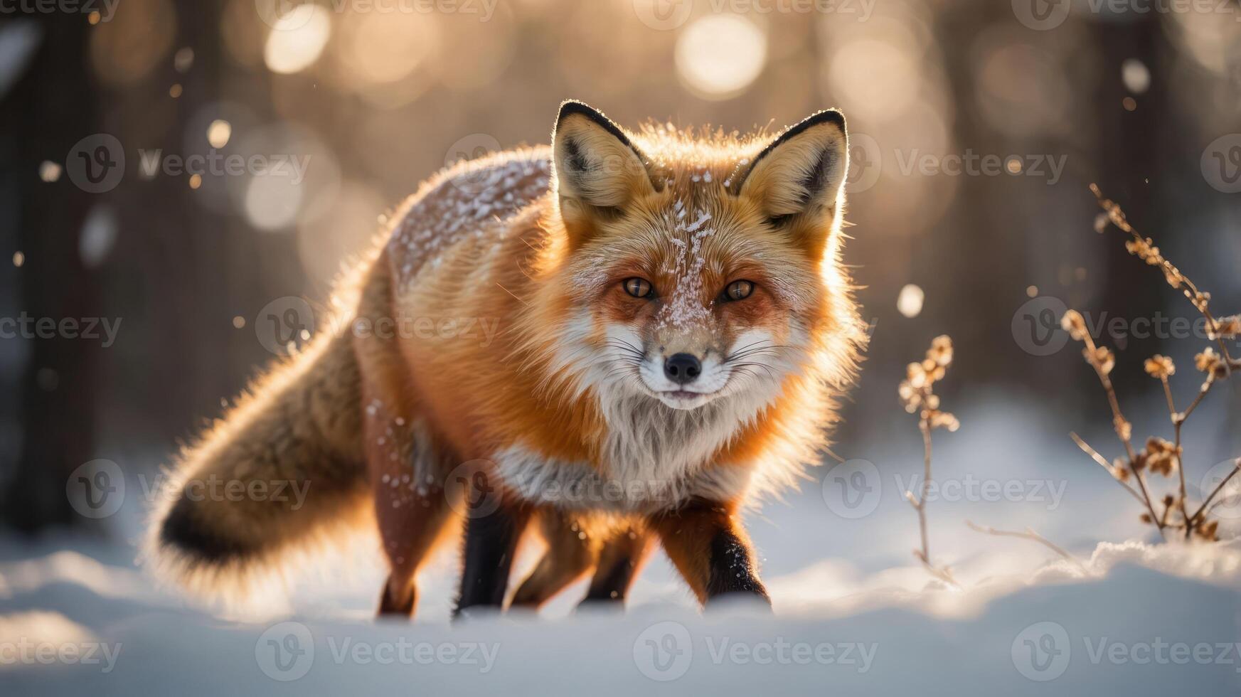 A majestic fox in a snowy forest, illuminated by soft sunlight and surrounded by falling snow. photo