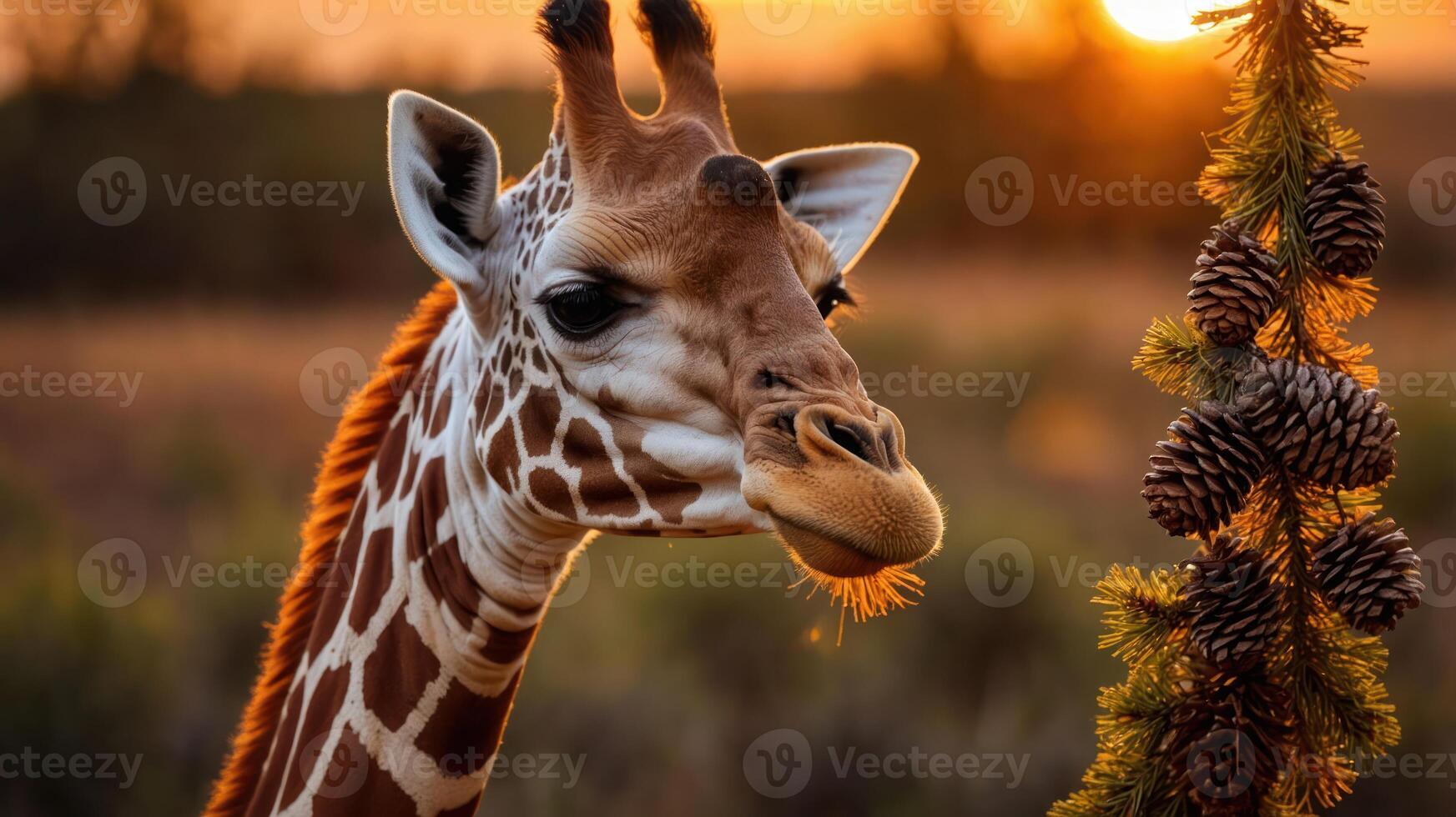 A close-up of a giraffe against a sunset background, highlighting its features and surroundings. photo