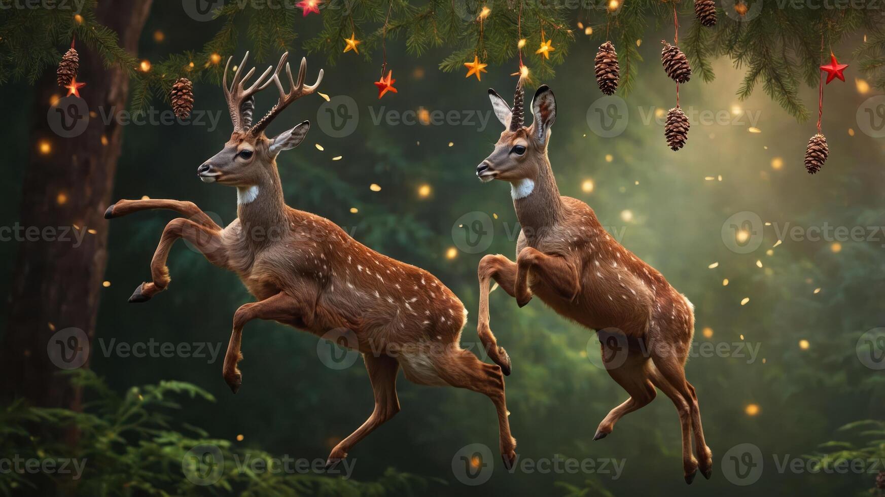 Two deer leaping in a forest setting with festive decorations like pine cones and stars. photo