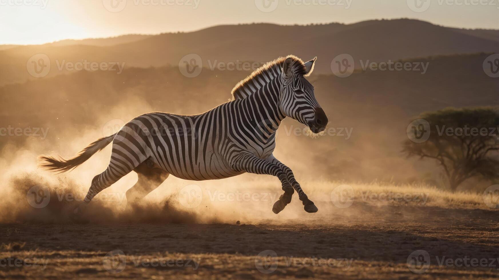 A zebra gallops through a dusty landscape at sunset, showcasing its striking black and white stripes. photo