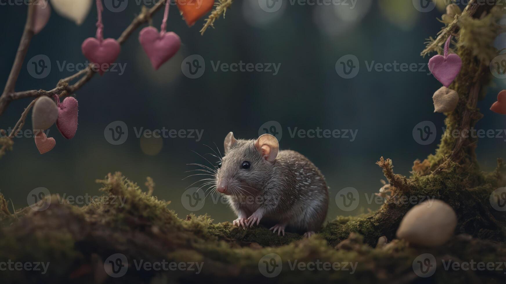 A cute mouse sits on mossy ground surrounded by heart-shaped decorations. photo