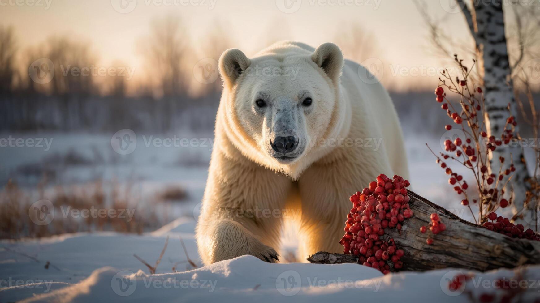 A polar bear approaches a cluster of red berries against a snowy backdrop. photo
