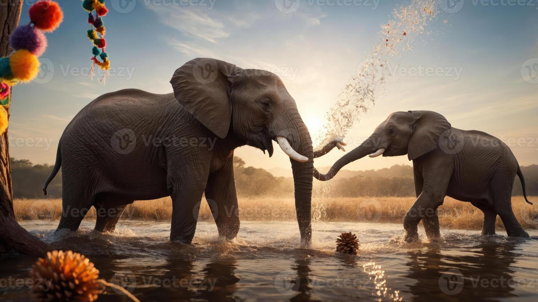Two elephants playfully interact in a serene water setting during sunset. photo