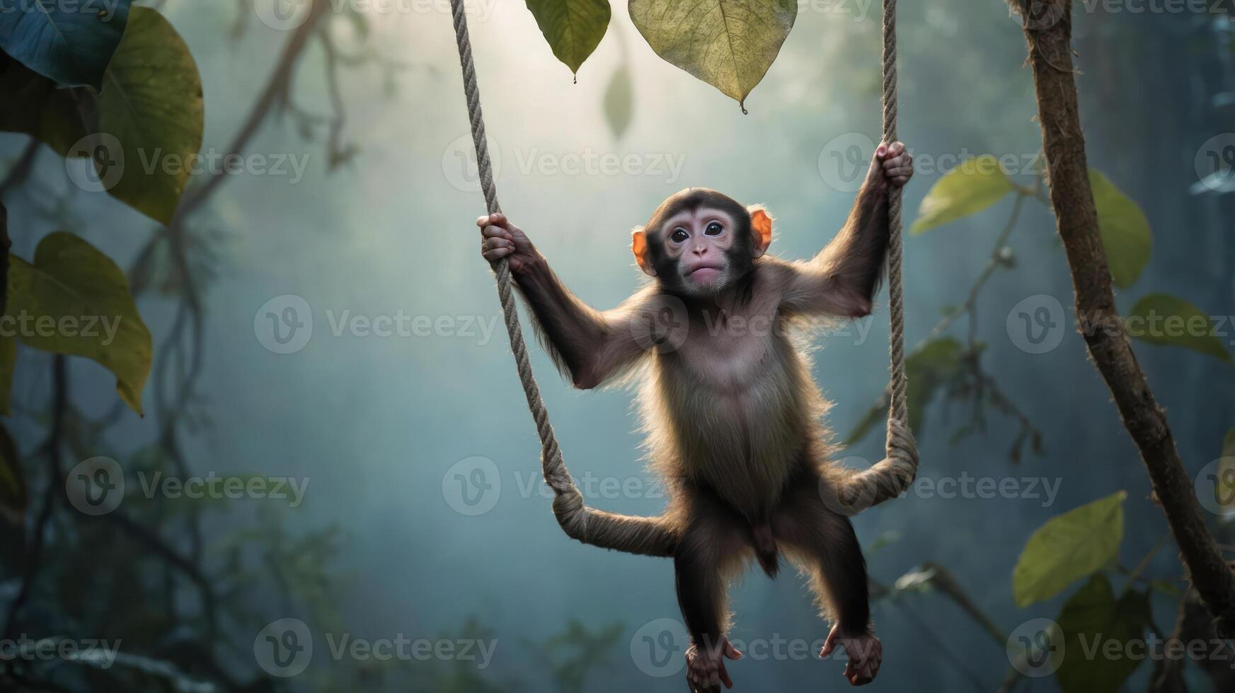 A playful monkey swings on a rope in a lush, misty jungle setting. photo