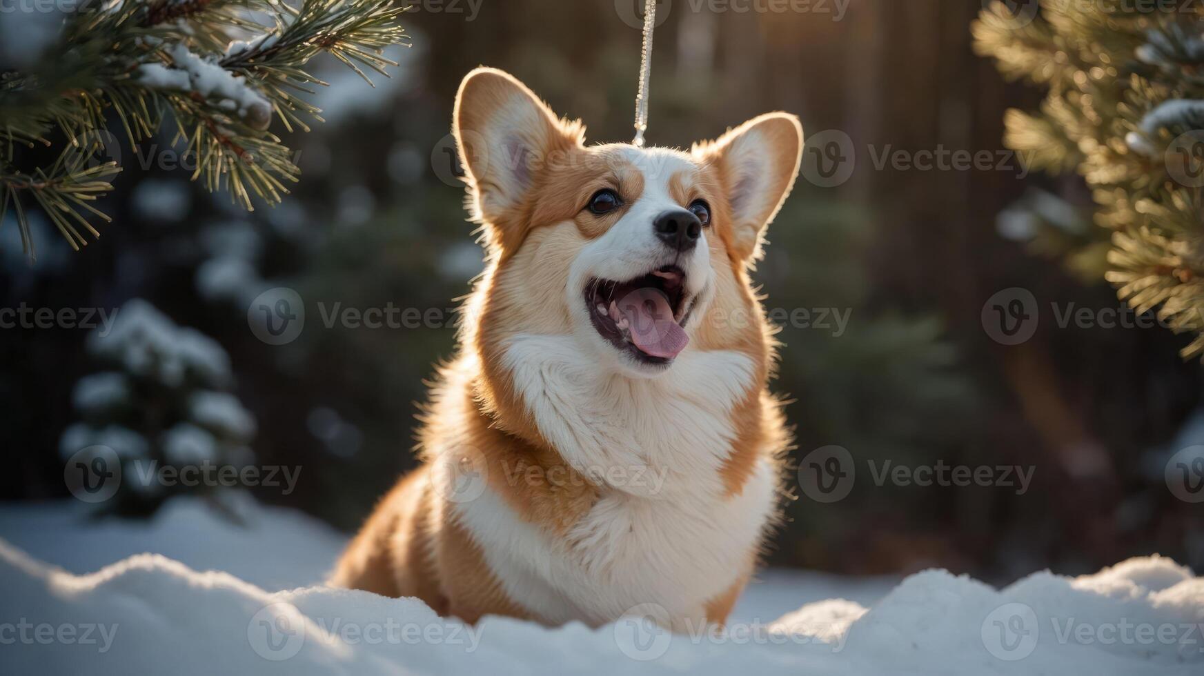 A happy corgi sitting in the snow, enjoying a winter day in a forested area. photo