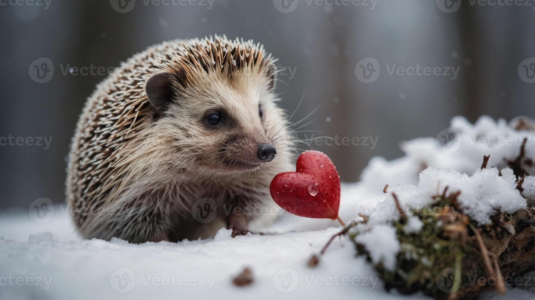 A hedgehog in the snow with a heart-shaped object, evoking warmth and affection. photo