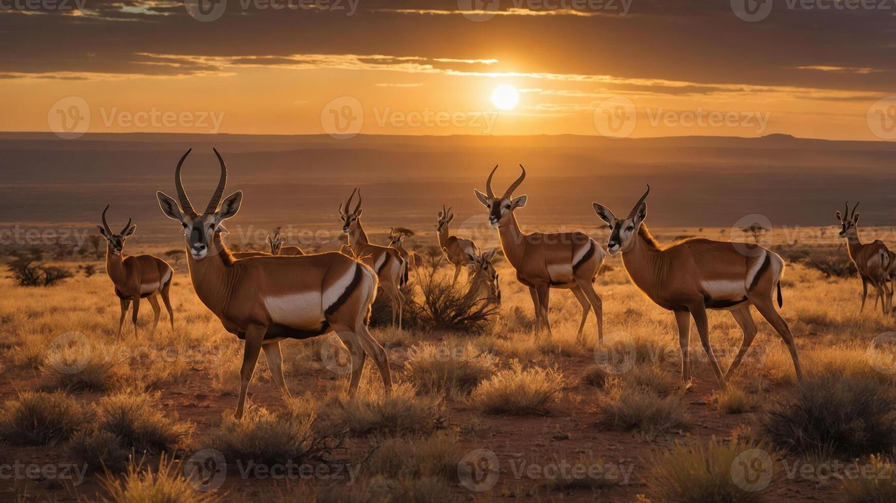 A serene sunset scene with antelopes in a golden landscape. photo