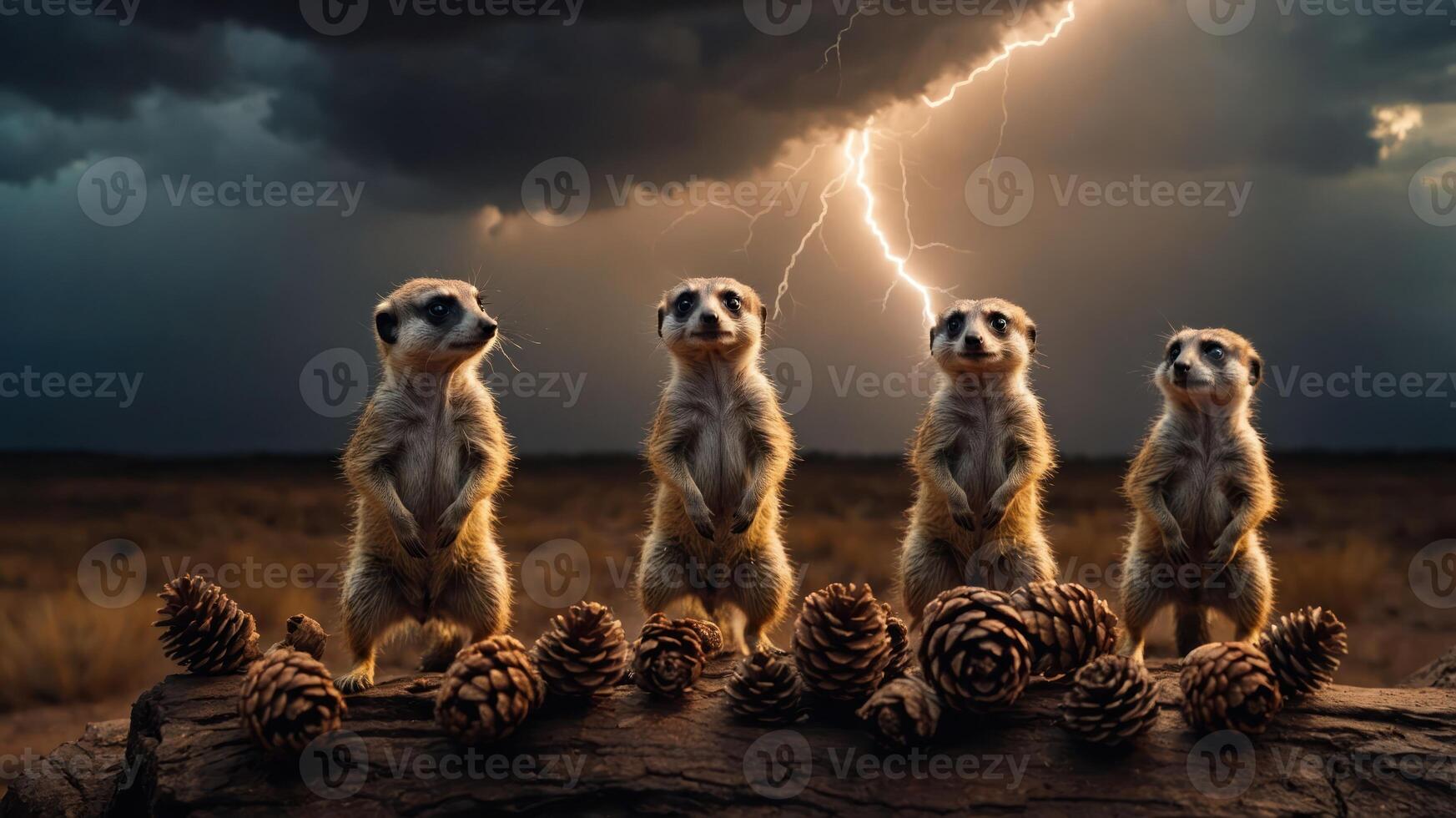 Four meerkats stand on a log with pinecones, illuminated by lightning in a dramatic sky. photo