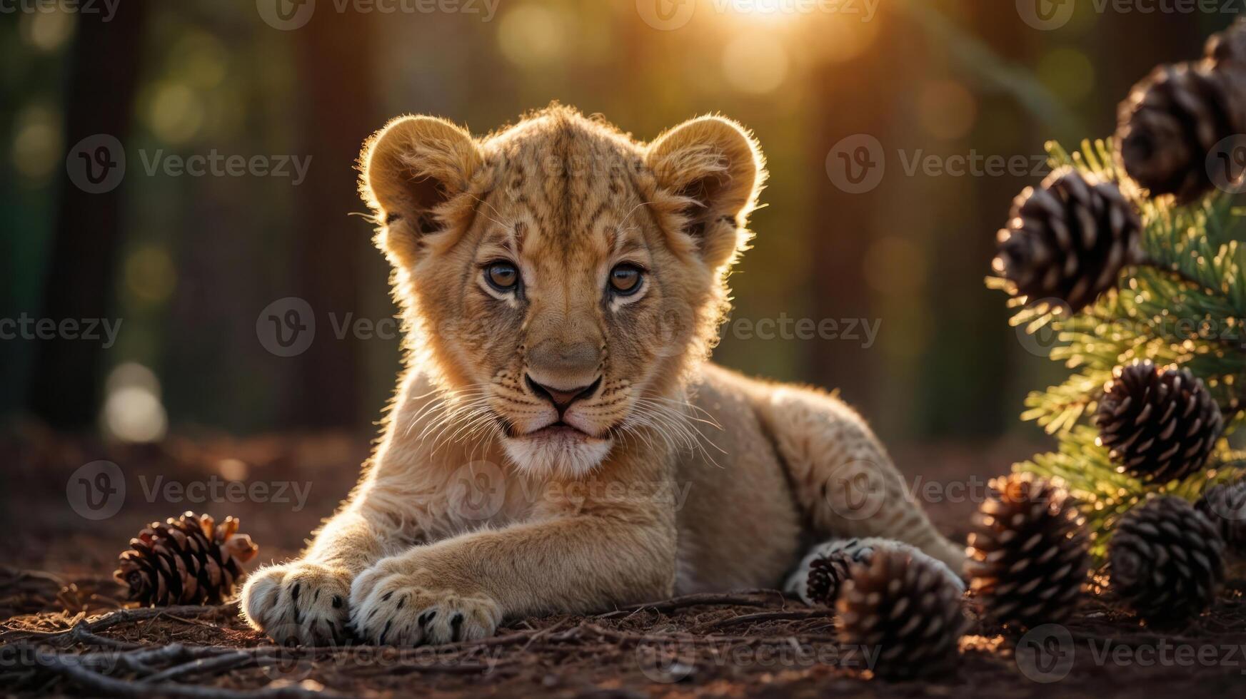 A young lion cub resting among pine cones in a sunlit forest. photo