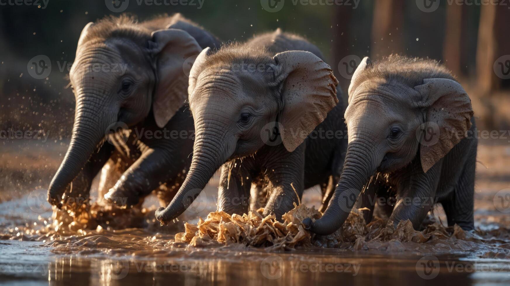 Three playful elephants splashing in a muddy waterhole during a sunny day. photo