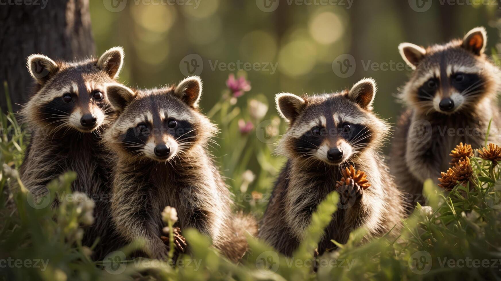A group of four raccoons sitting together in a natural setting, surrounded by flowers. photo