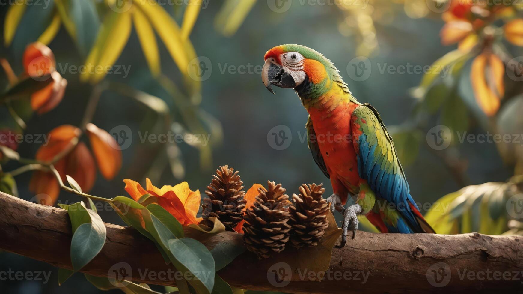 A vibrant parrot perched on a branch surrounded by colorful foliage and pine cones. photo