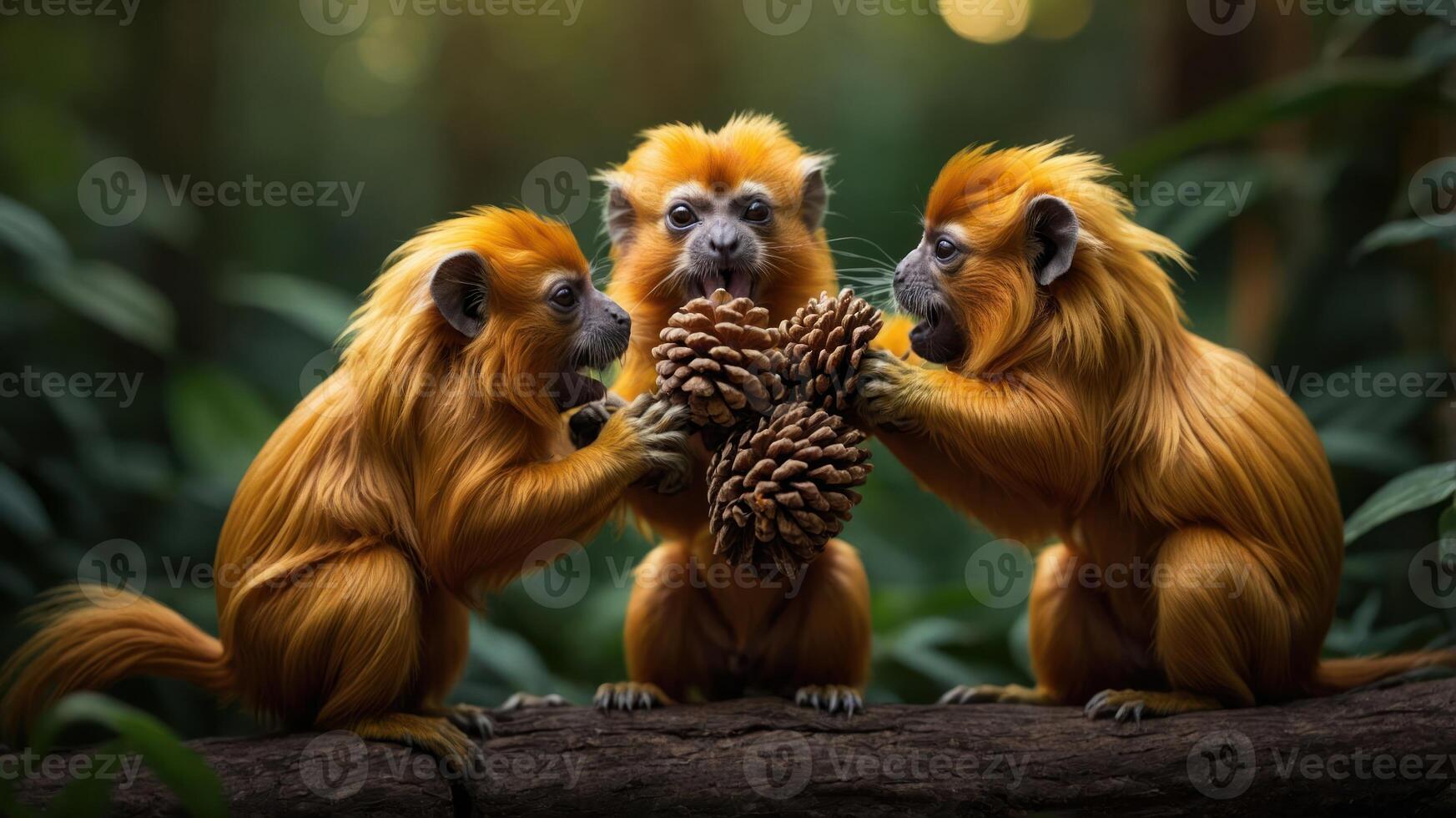 Three golden monkeys playfully interacting with a pine cone in a lush forest setting. photo