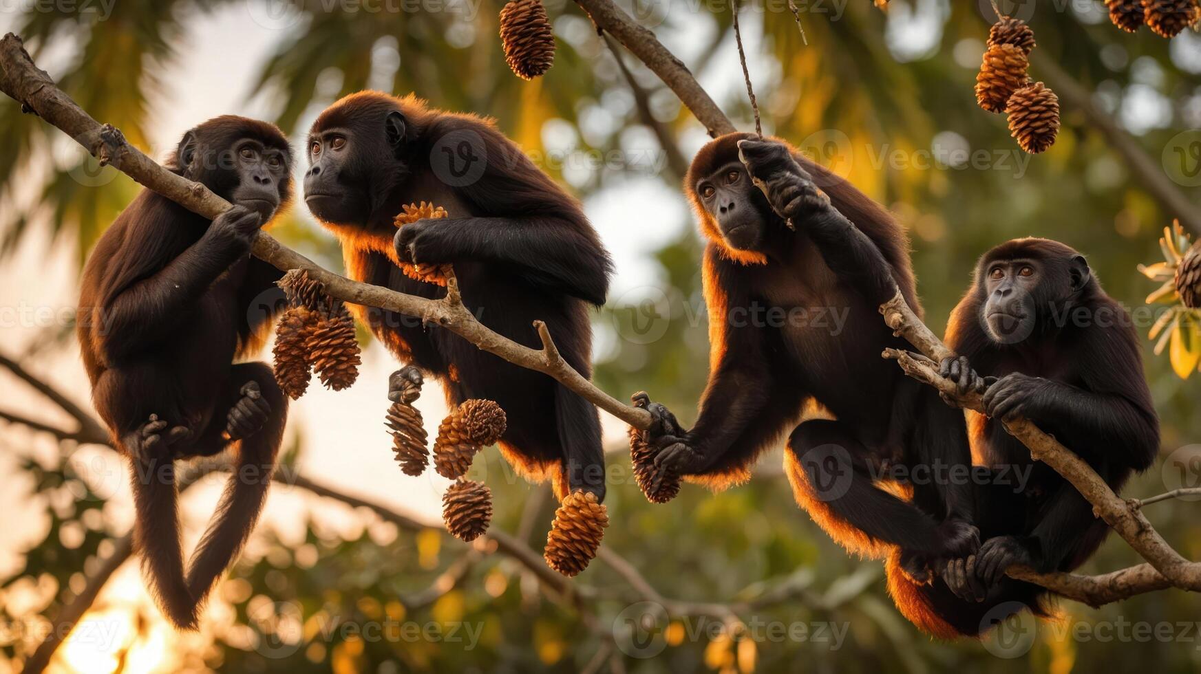Four monkeys sitting on branches, surrounded by foliage and pine cones at sunset. photo
