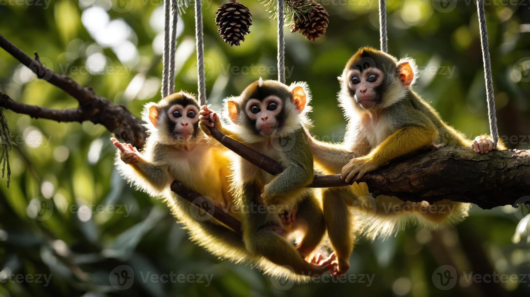 Three playful monkeys hanging on a tree branch in a lush environment. photo