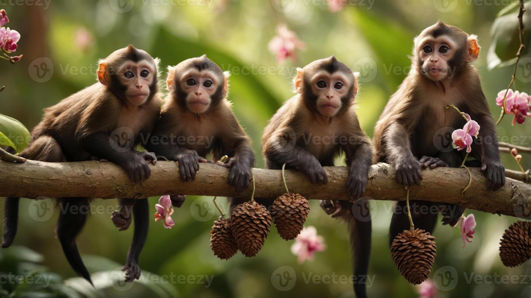 Four monkeys sitting on a branch amidst flowers and pine cones in a lush environment. photo