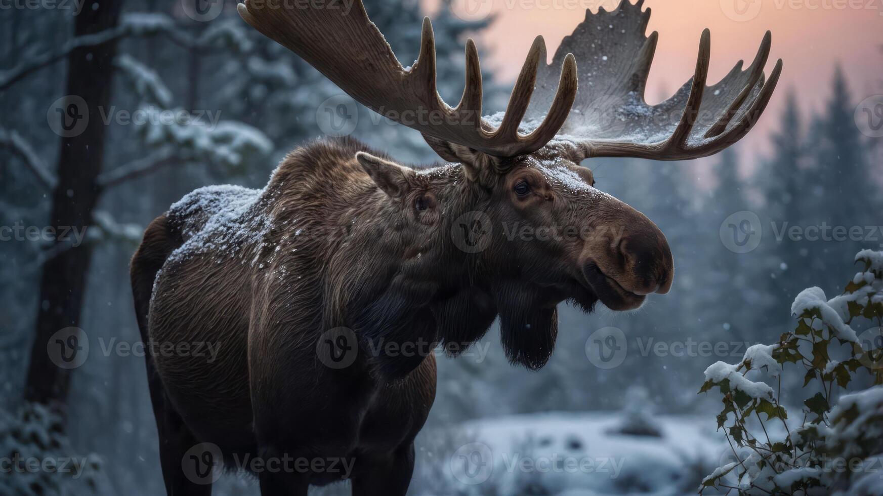 A majestic moose standing in a snowy forest during twilight. photo