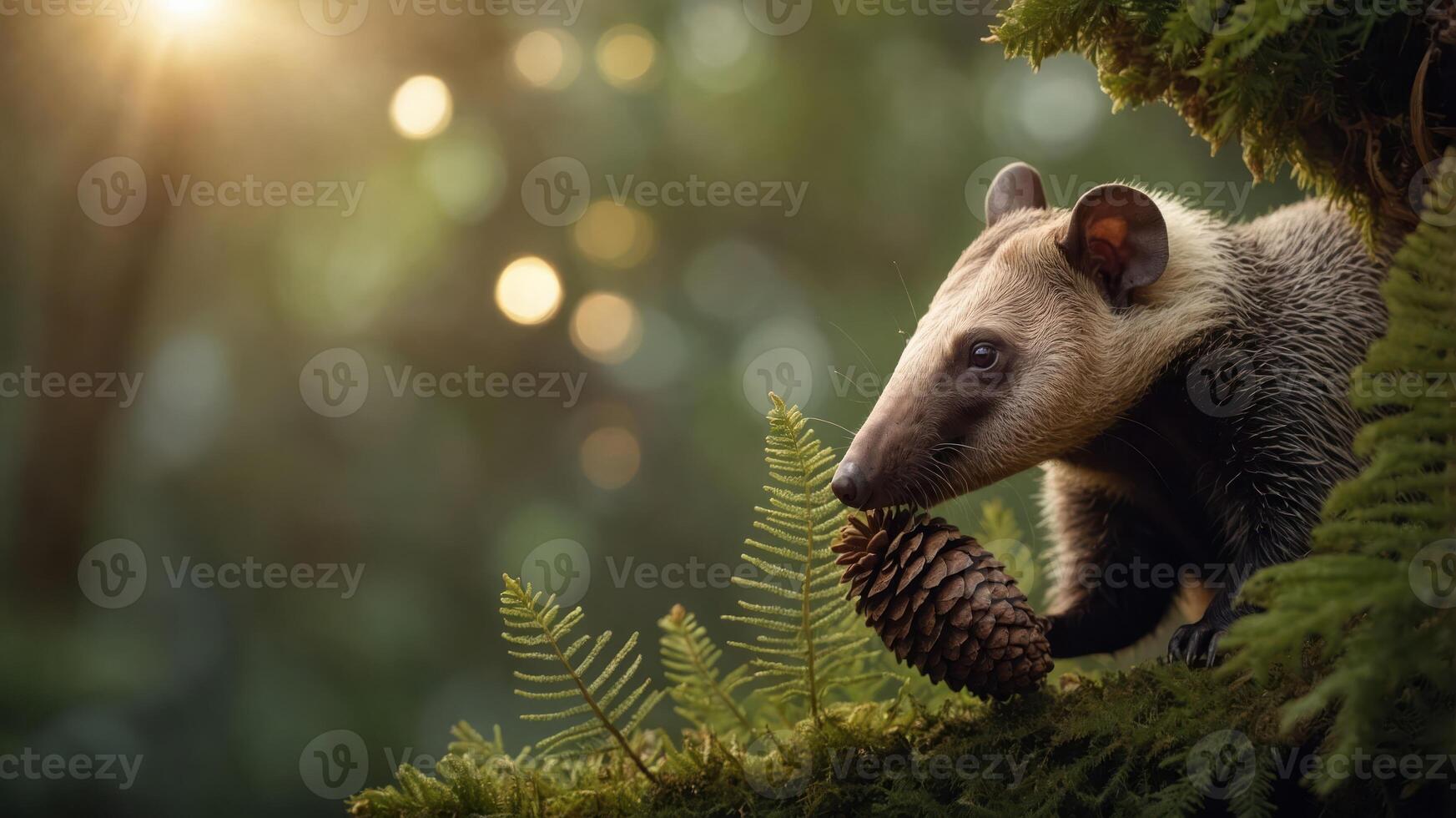 A close-up of a tree-dwelling animal holding a pine cone amidst a lush forest background. photo