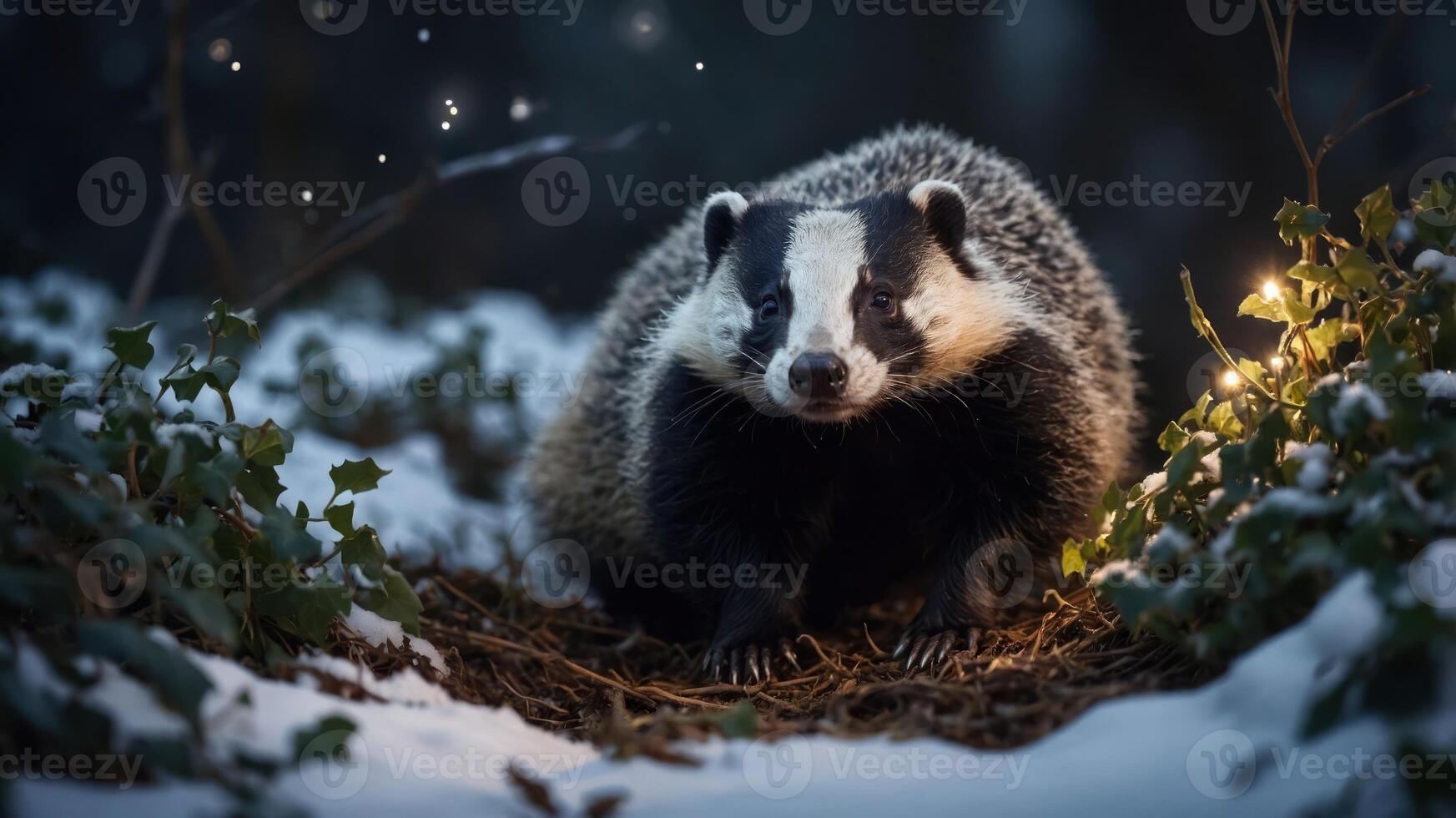 A badger in a snowy forest, surrounded by gentle lights and falling snowflakes. photo
