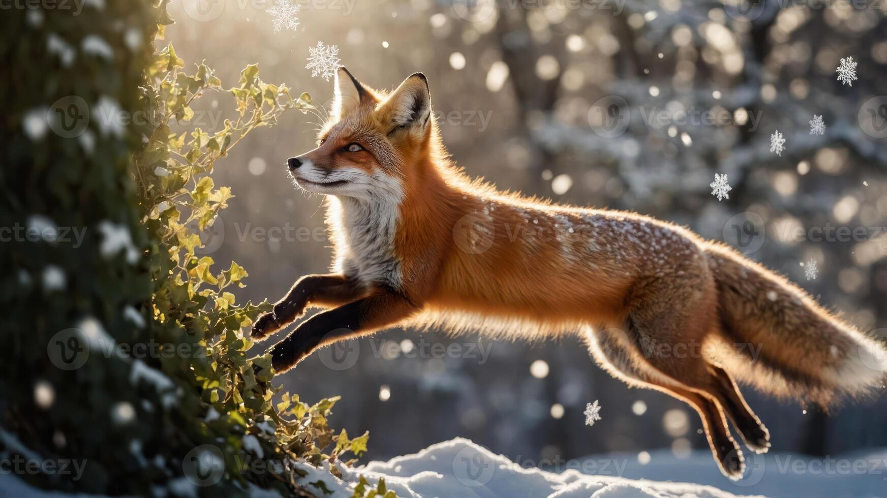 A vibrant red fox leaps through a snowy landscape, surrounded by falling snowflakes. photo