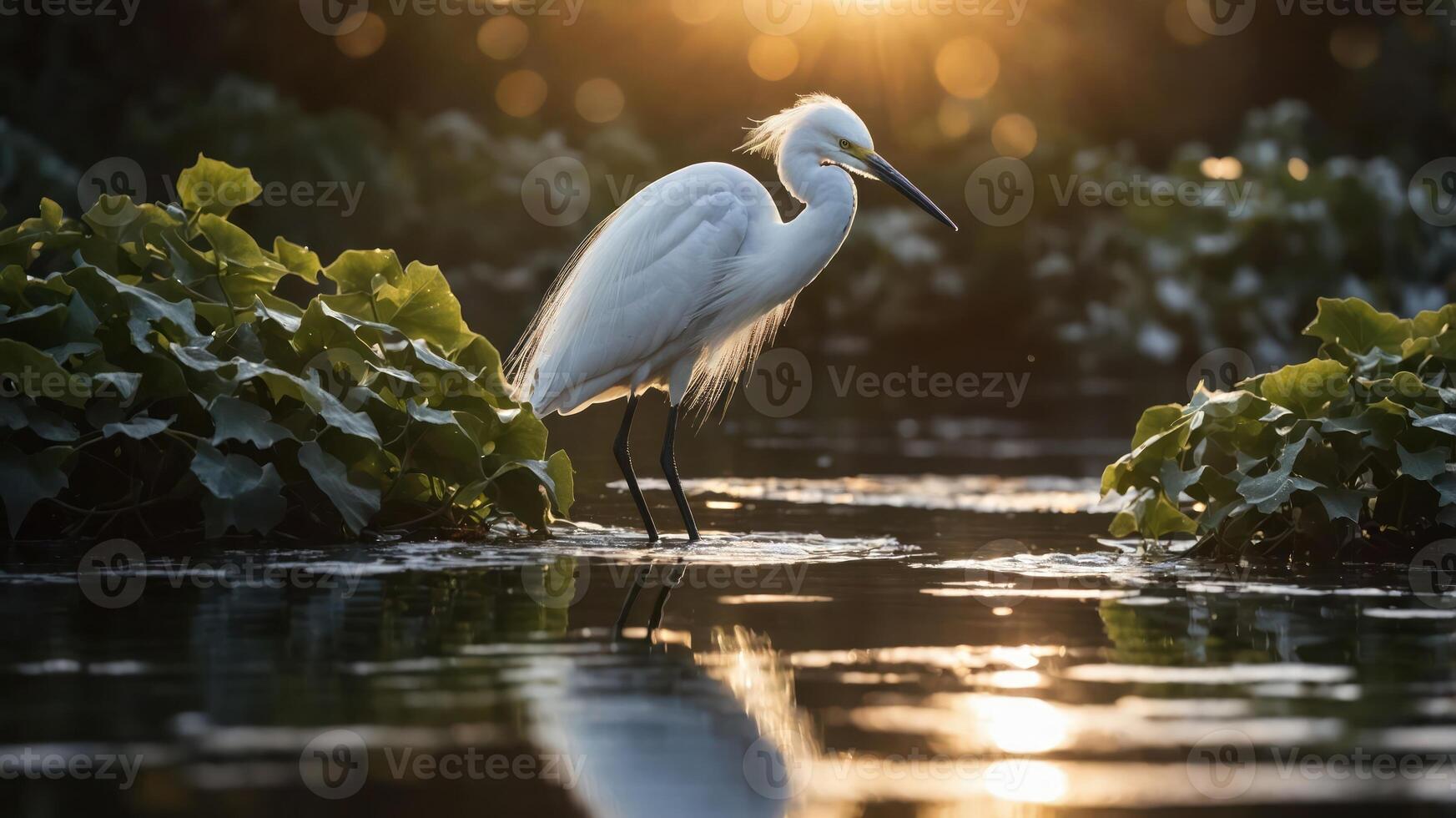 A serene white heron stands gracefully in a reflective water setting, surrounded by lush greenery. photo