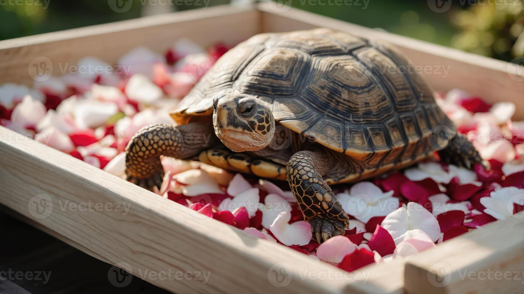 A turtle resting on rose petals in a wooden tray, creating a serene and aesthetic display. photo