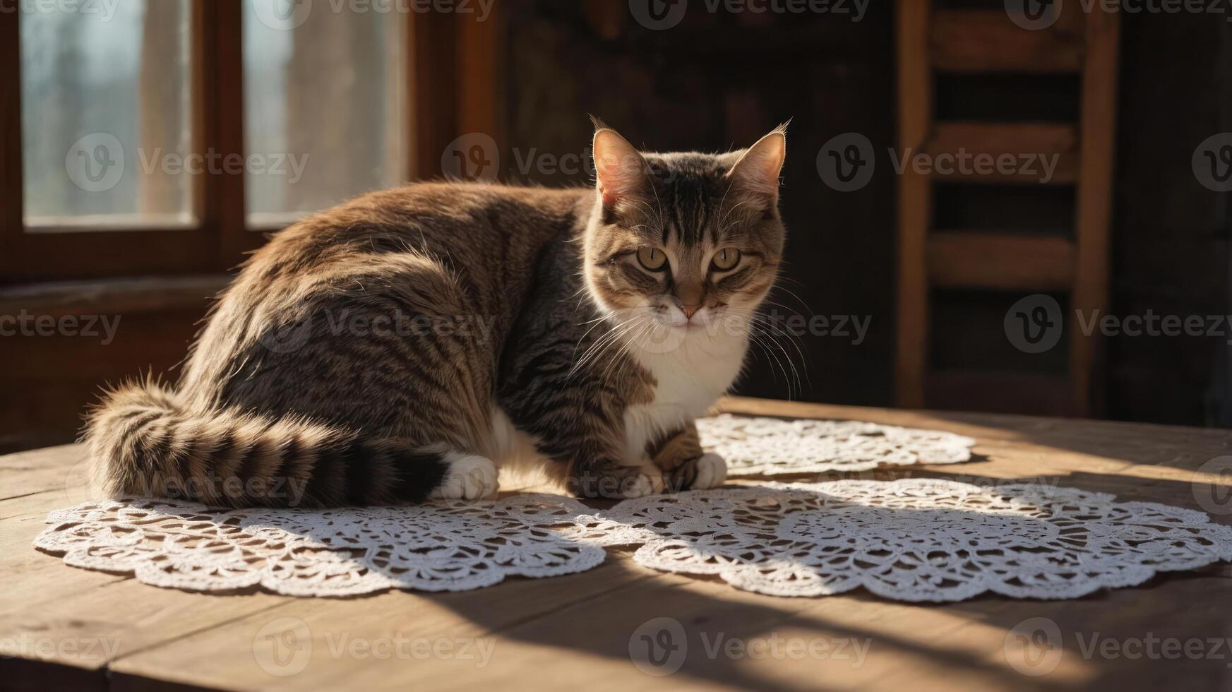 A cat resting on a lace doily on a wooden table with warm sunlight streaming in. photo