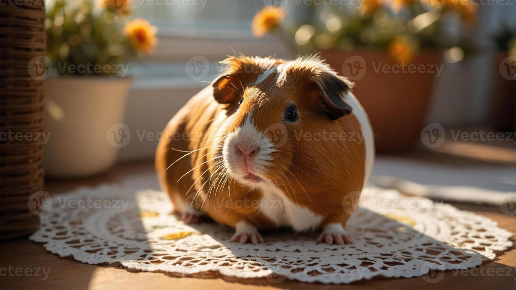A cute guinea pig sitting on a lace doily with flowers in the background. photo