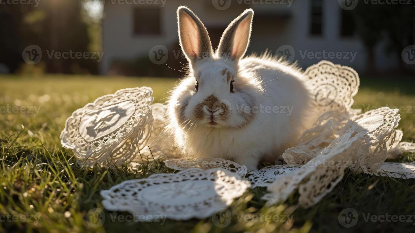 A fluffy rabbit surrounded by delicate lace doilies in a sunlit garden. photo